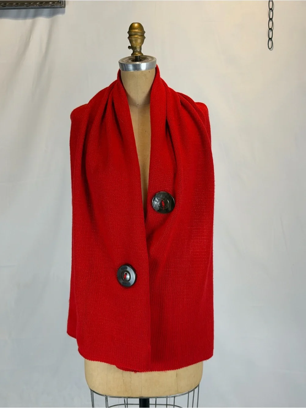 Large button scarf wrap sweater versatile multi way style cherry red winter cozy